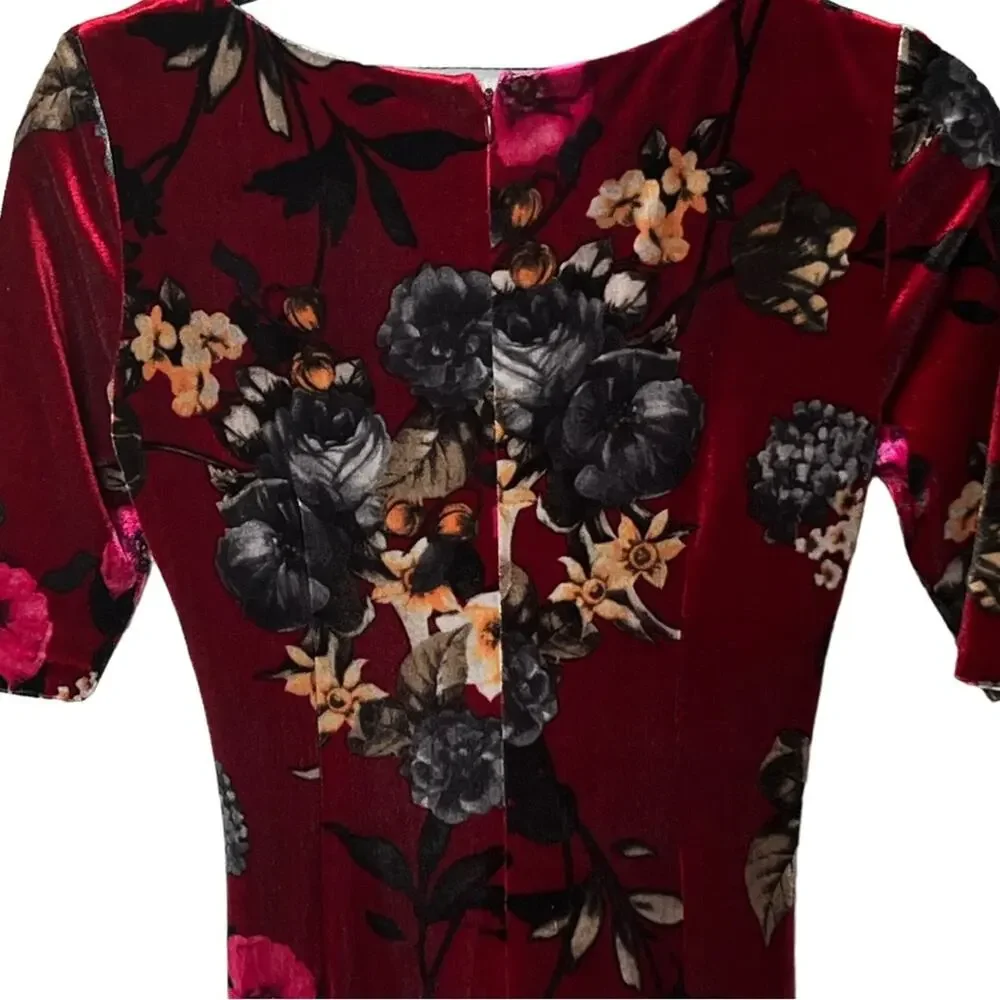 Vince Camuto Velvet Floral Ruched Short Sleeve Dress Size 2 - Picture 5 of 13